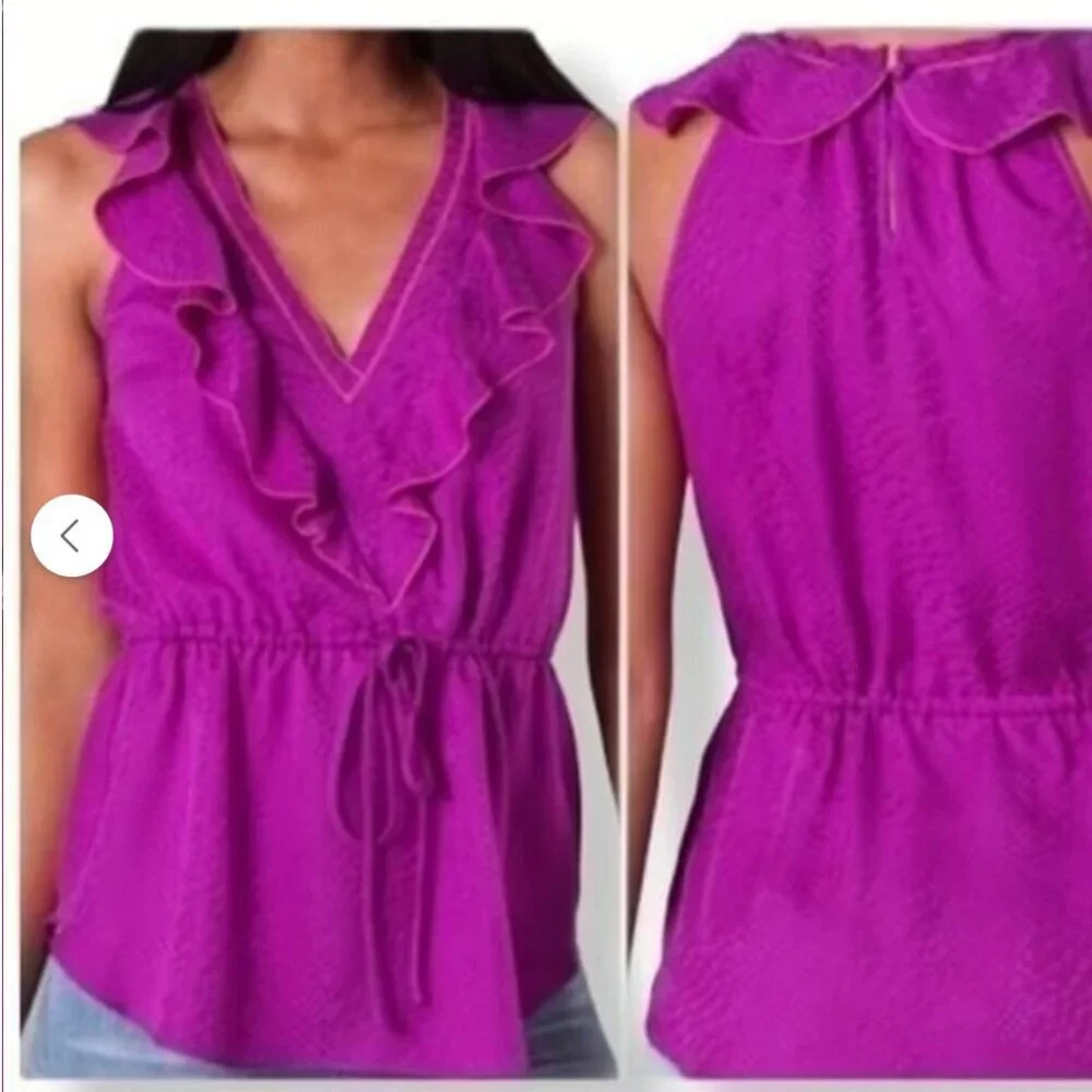 Rebecca Taylor sleeveless v-neck 100% silk flounce blouse w/ waist tie. Size 10 - Picture 1 of 16